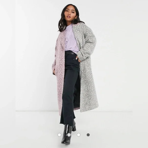 ASOS DESIGN PETITE Mix Gray Pink Leopard Cheetah Animal Print Brushed Coat - Picture 1 of 14